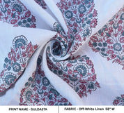 Handcrafted Boho Block Printed Rose Gold & Blue Floral Off-White Linen Cushion Fabric for Living Room Decor - GULDASTA