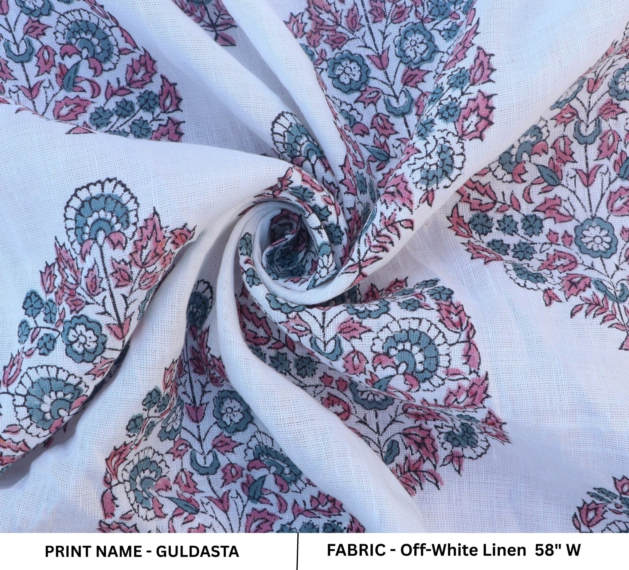 Floral patterned fabric with 'Guldsta' print on off-white linen.