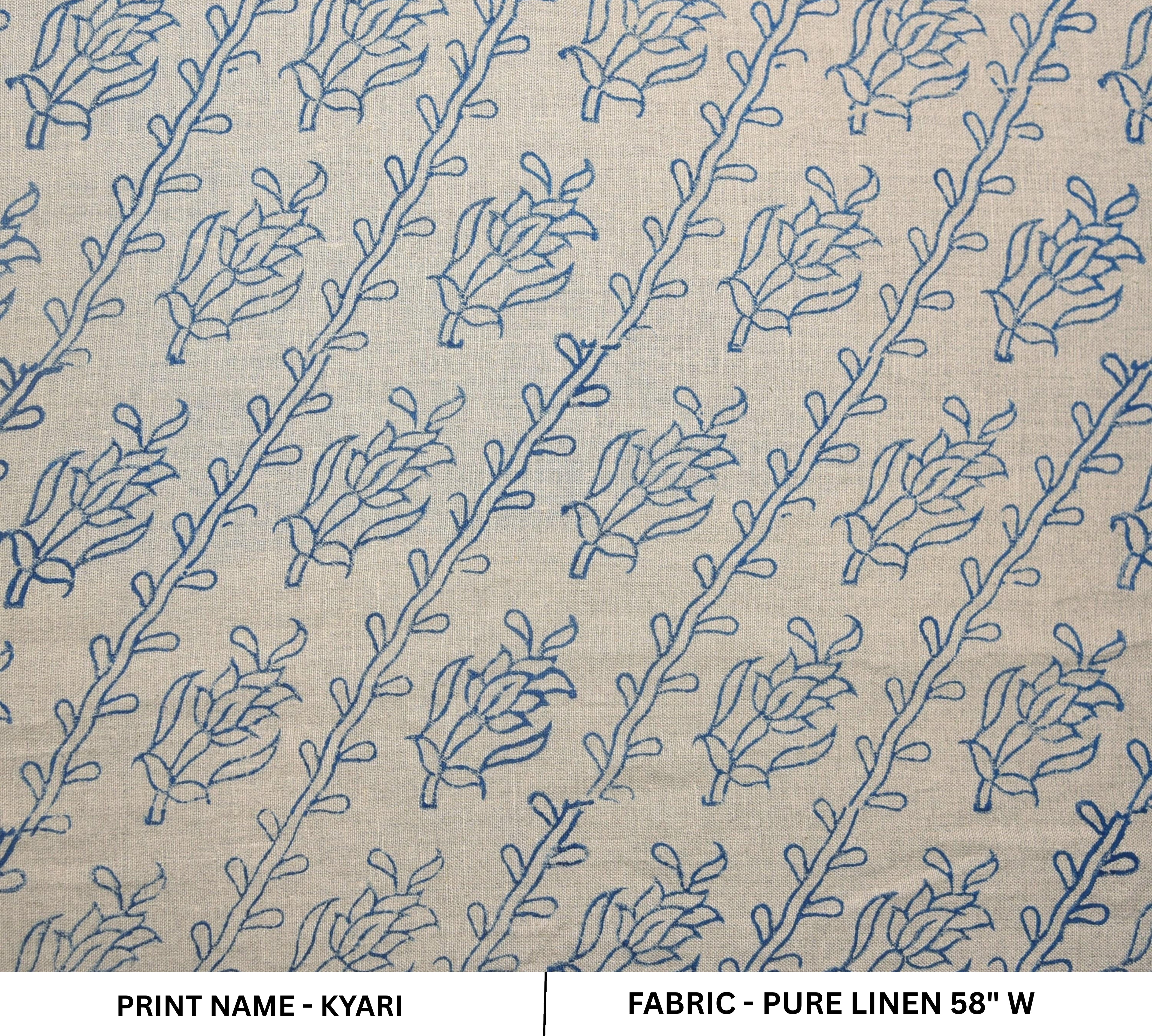 Patterned fabric with blue leaf design on beige background