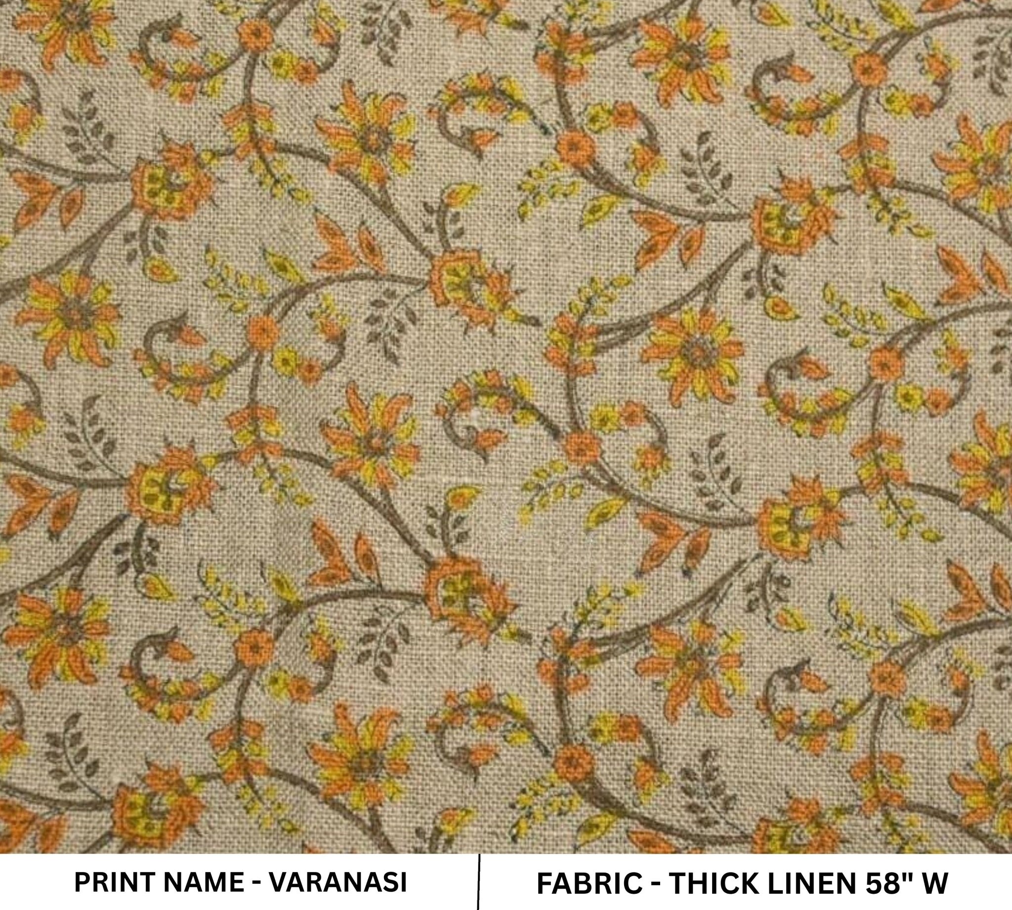 Floral patterned fabric with 'Varanasi' print name on a beige background