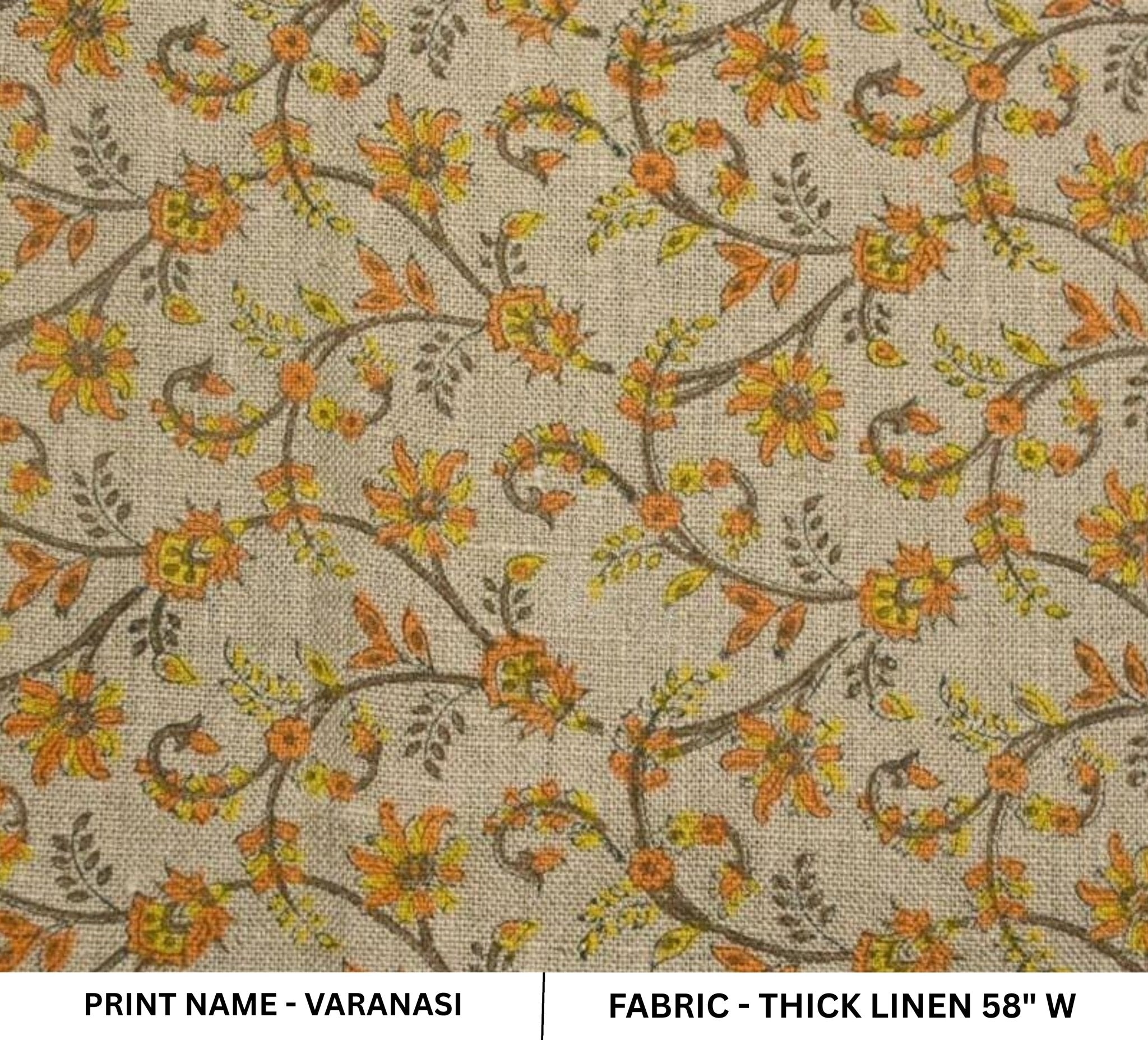 Floral patterned fabric with 'Varanasi' print name on a beige background
