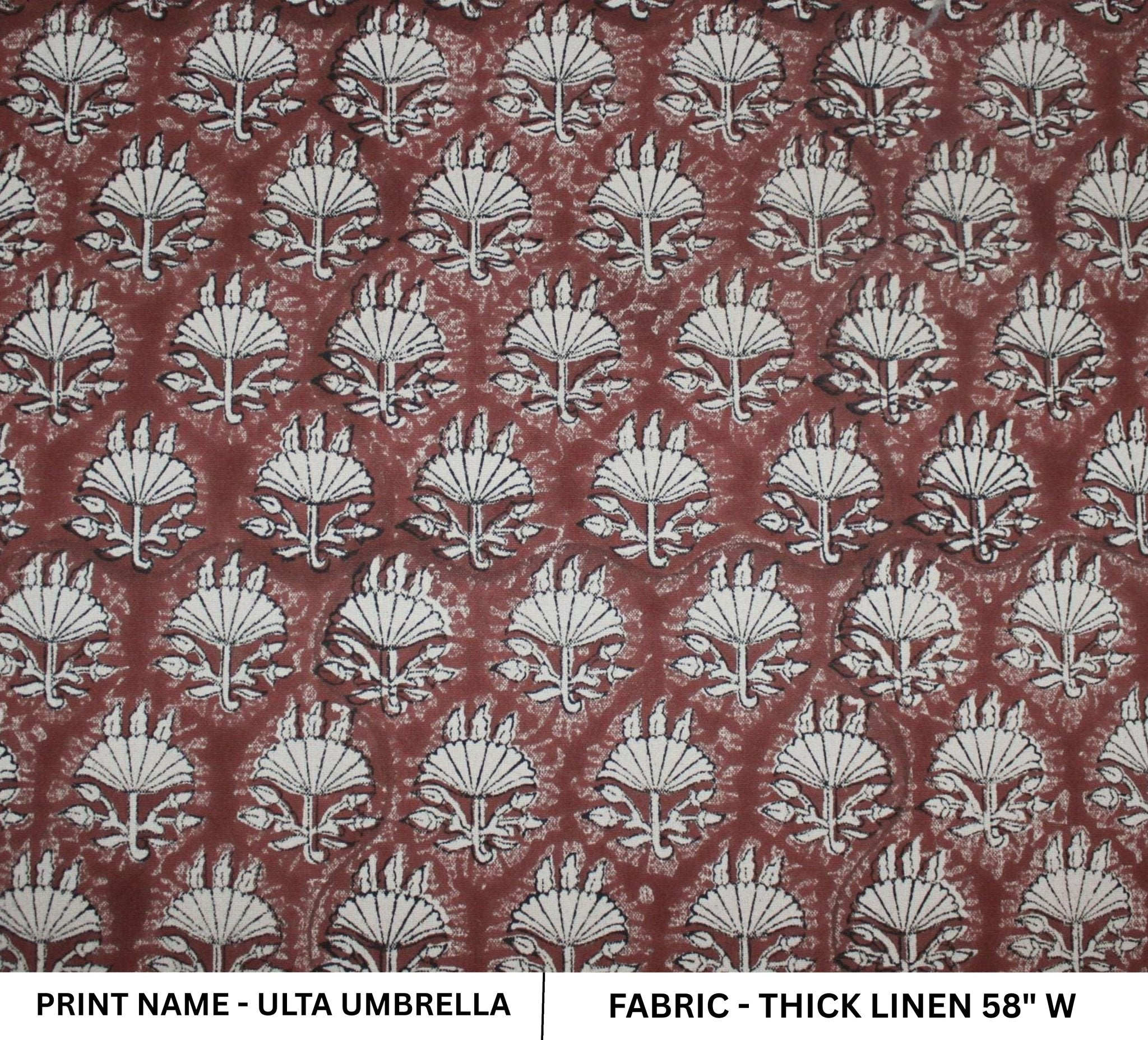 Patterned fabric with 'Ulta Umbrella' design on a red background