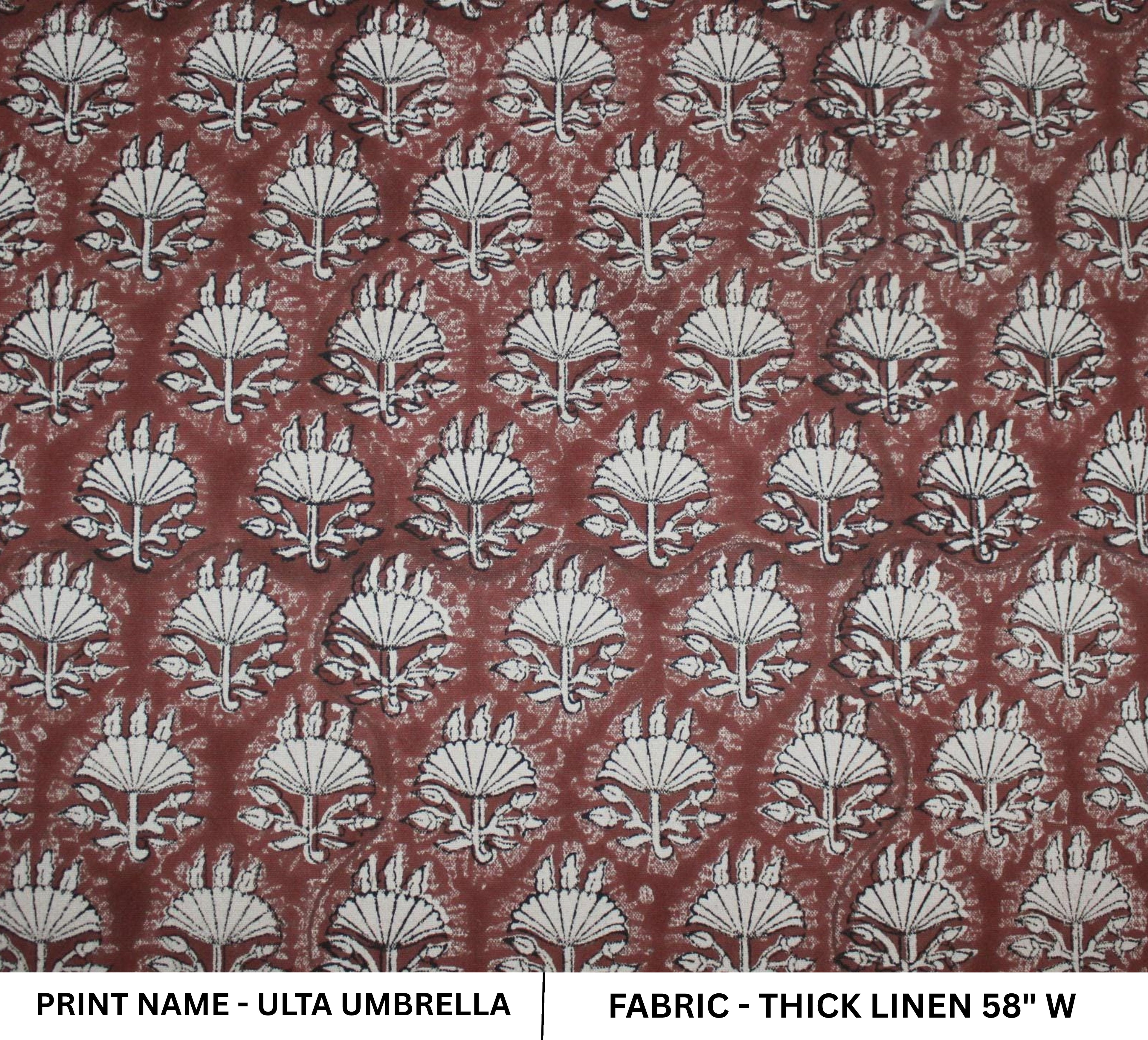 Patterned fabric with 'Ulta Umbrella' design on a red background