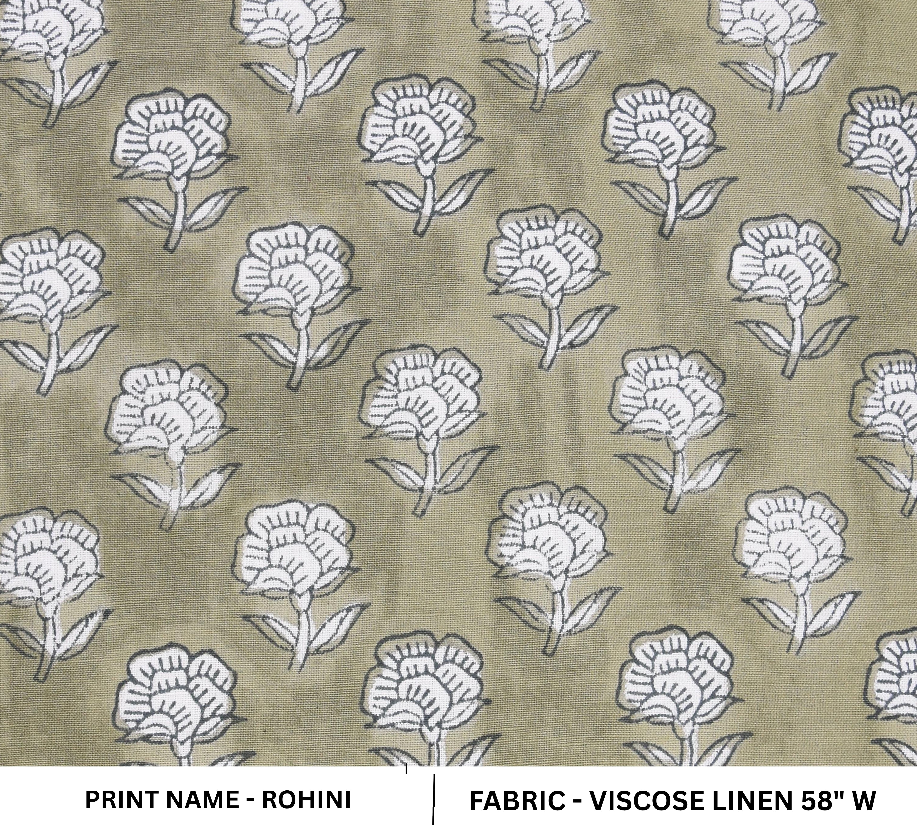 Fabric with white floral pattern on a beige background, labeled 'Rohini' and 'Viscose Linen 58" W'.