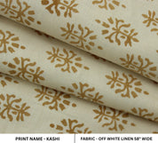 Handmade Off-White Linen Fabric 58'' Wide in Sage Green & Bronze Floral Block Print for Cushion Covers - Kashi