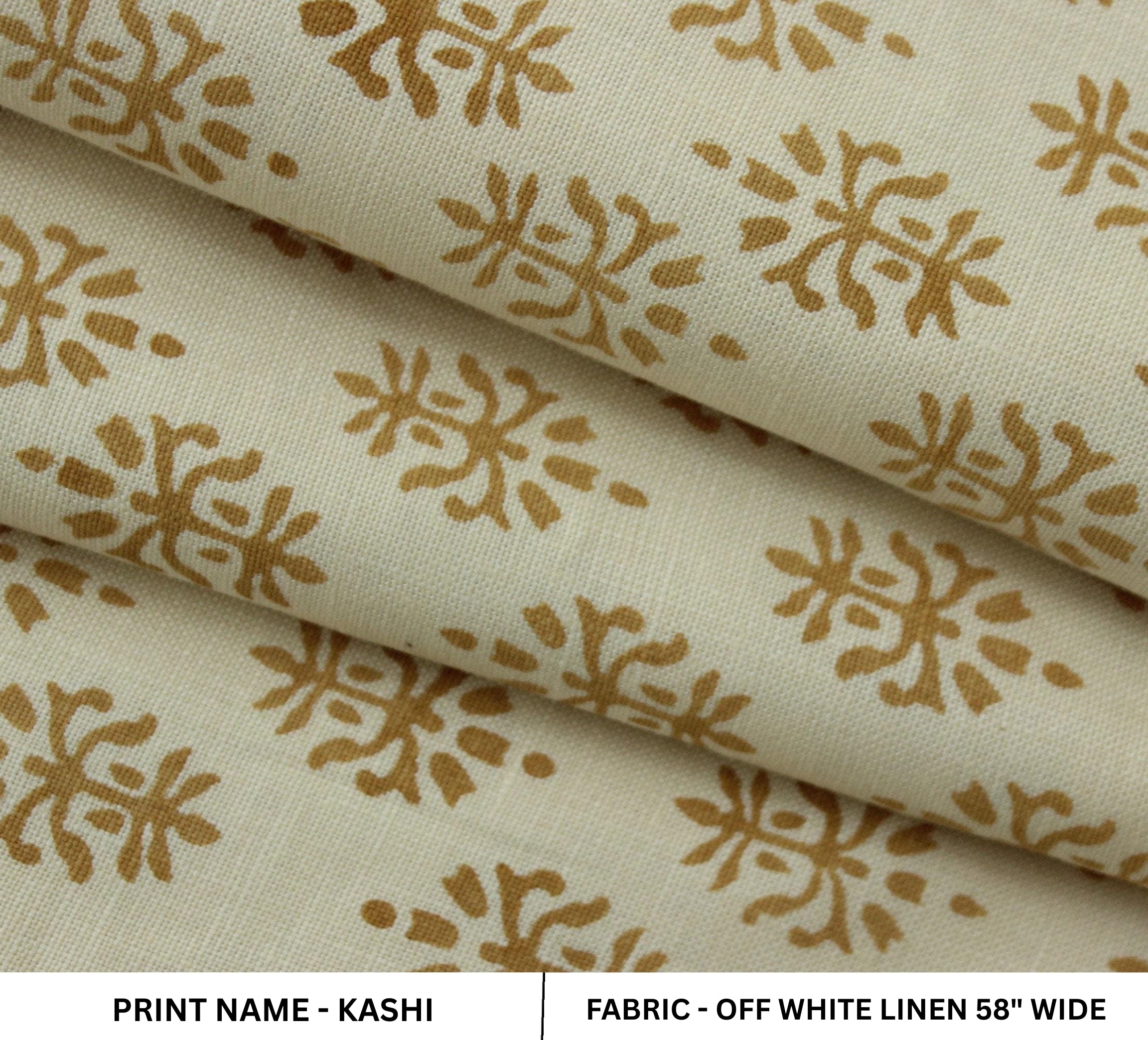 Handmade Off-White Linen Fabric 58'' Wide in Sage Green & Bronze Floral Block Print for Cushion Covers - Kashi