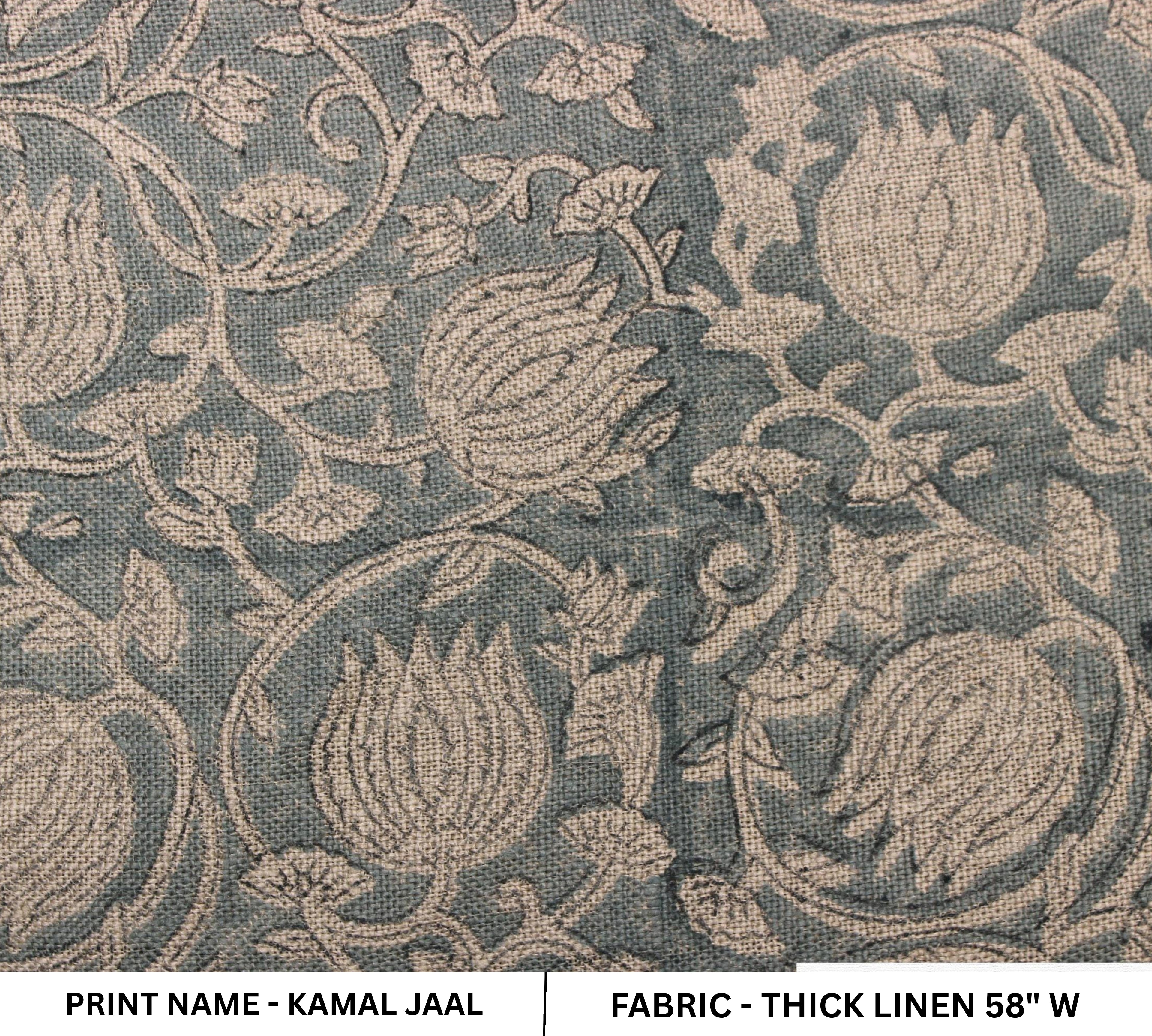 Floral patterned fabric with 'Kamal Jaal' print name and thick linen description.