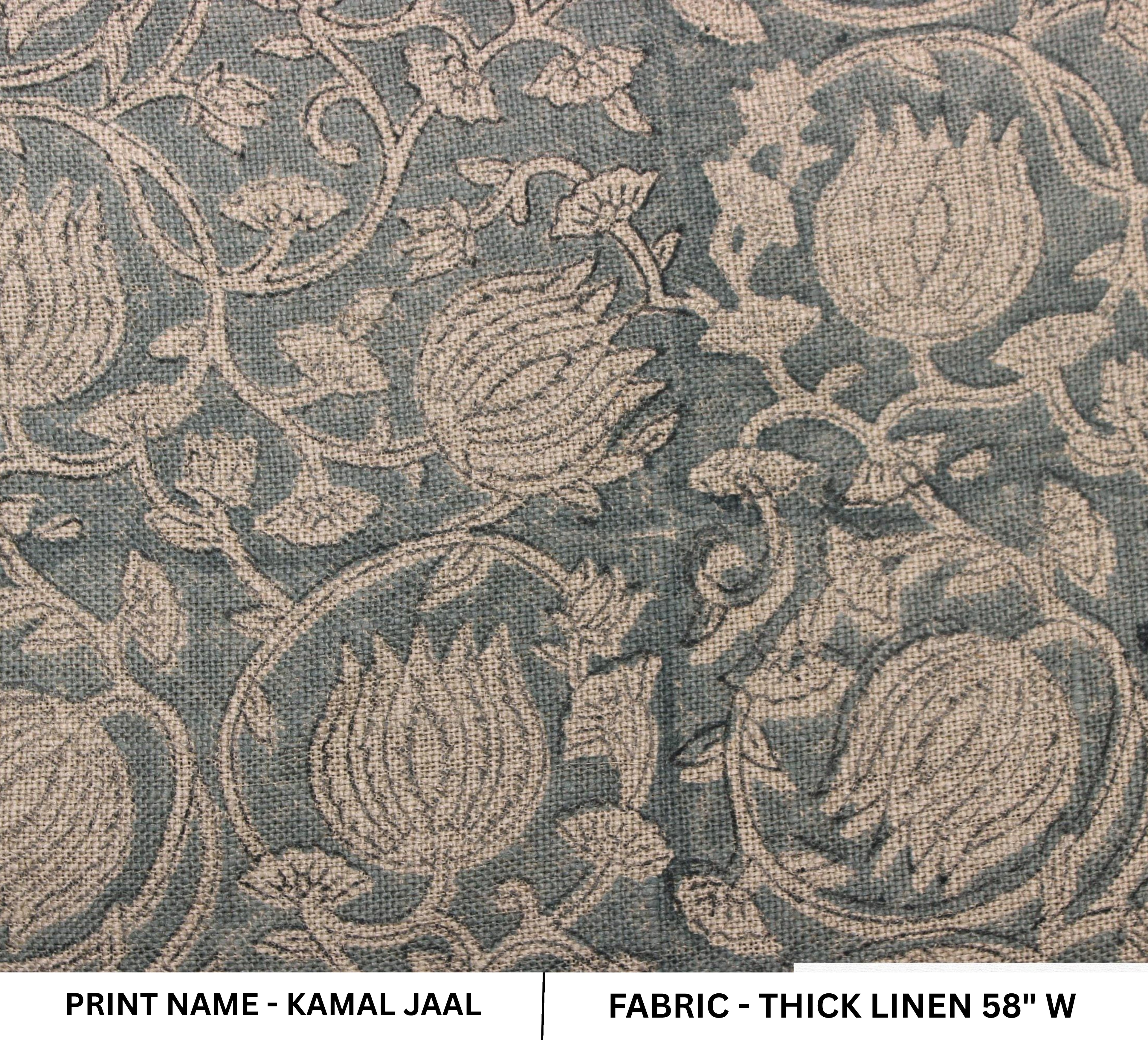 Floral patterned fabric with 'Kamal Jaal' print name and thick linen description.