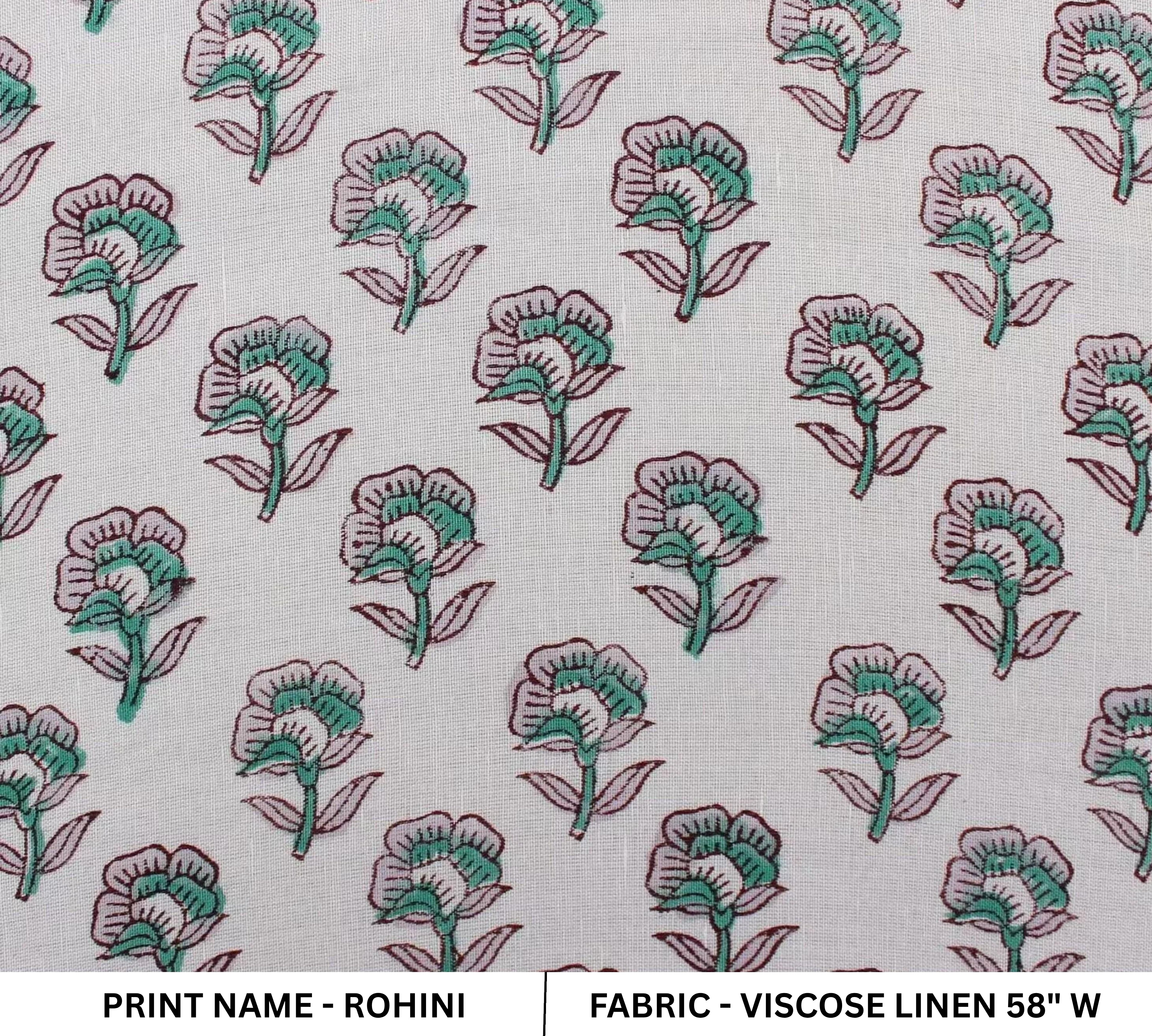 Floral pattern fabric with 'Rohini' print name on a white background