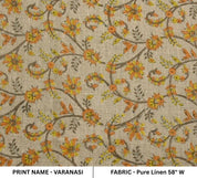 Floral patterned fabric with 'Varanasi' print on a beige background