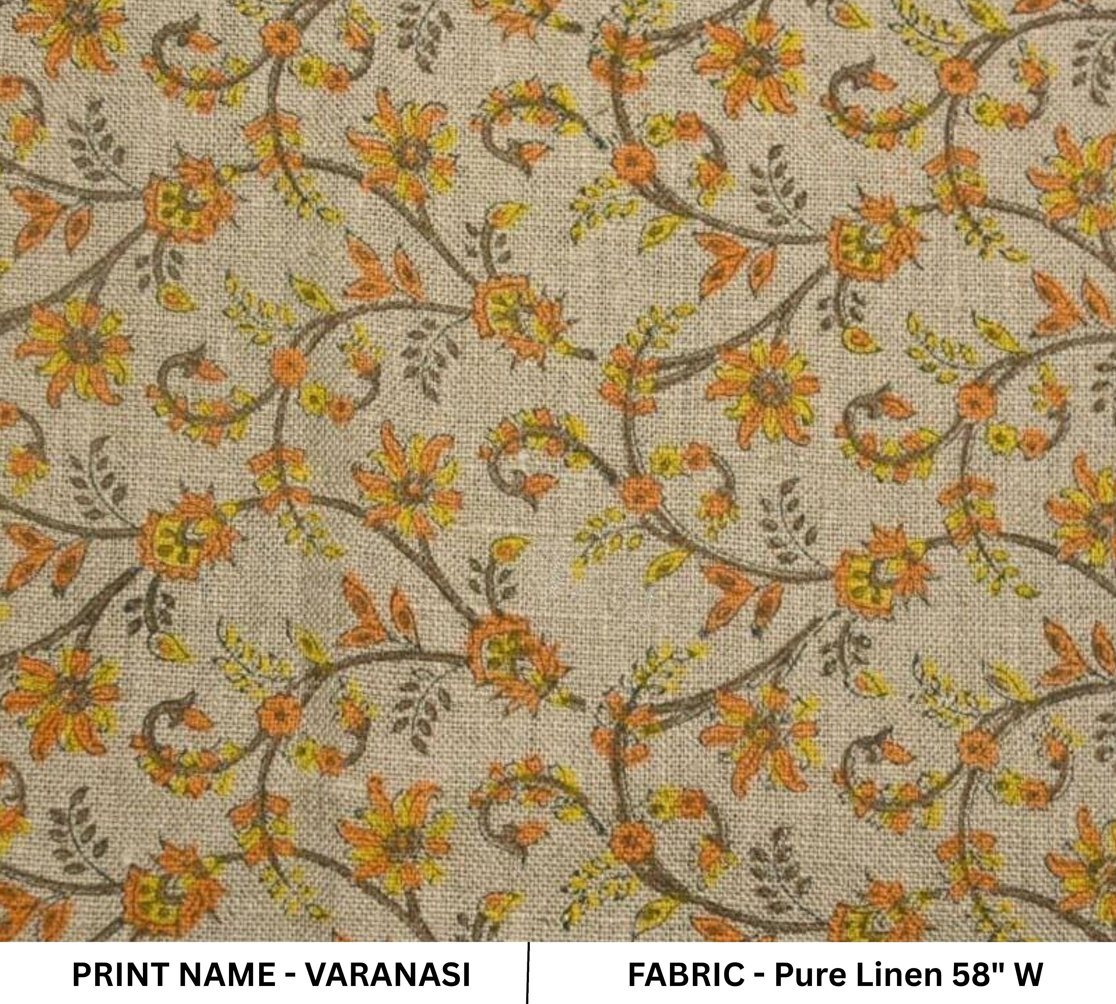 Floral patterned fabric with 'Varanasi' print on a beige background