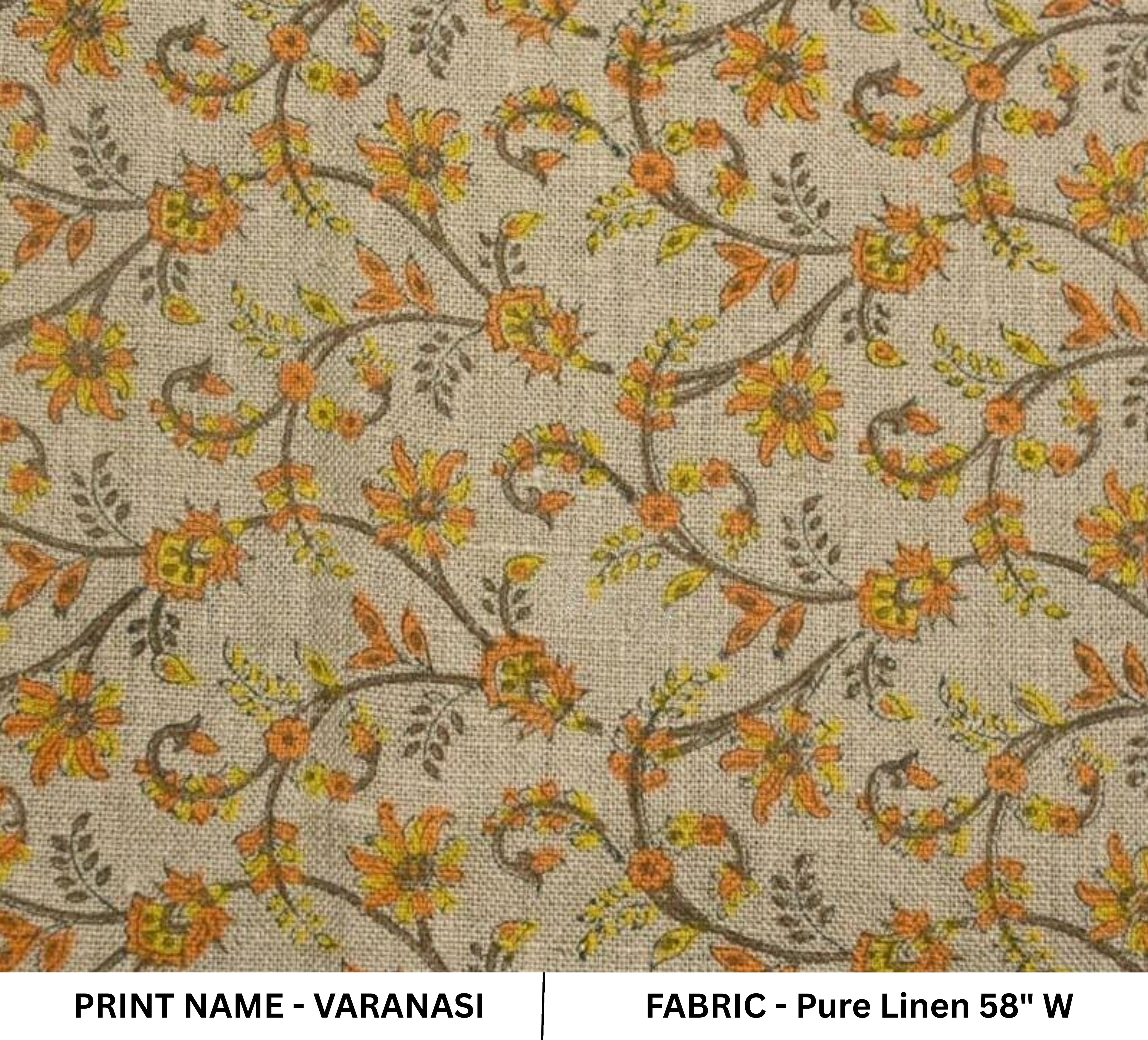 Floral patterned fabric with 'Varanasi' print on a beige background