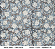 Handmade Block Printed Duck Canvas Fabric in Bluish & Beige Floral for Decorative Cushion & Curtain Covers - Amritvela
