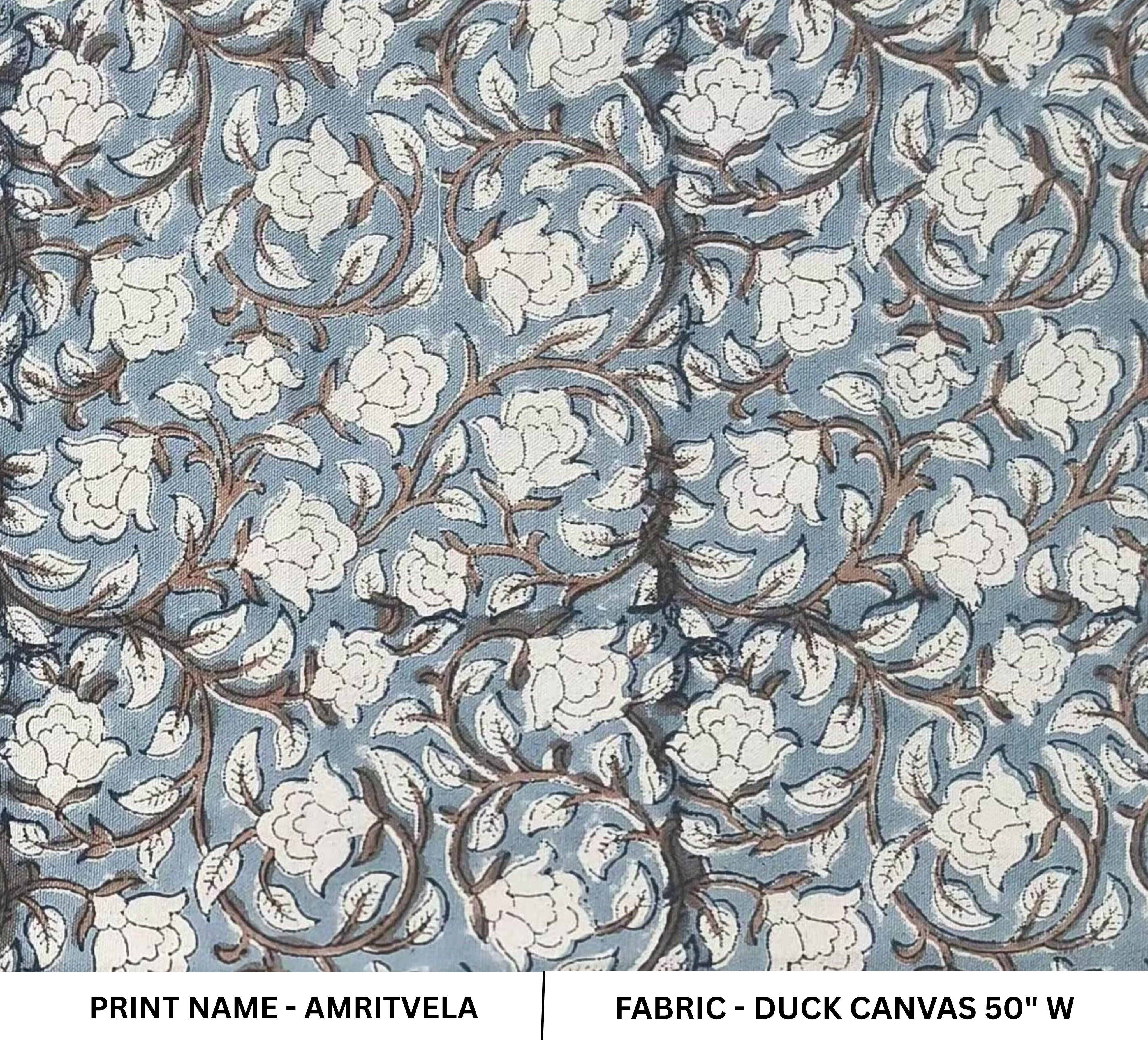 Handmade Block Printed Duck Canvas Fabric in Bluish & Beige Floral for Decorative Cushion & Curtain Covers - Amritvela
