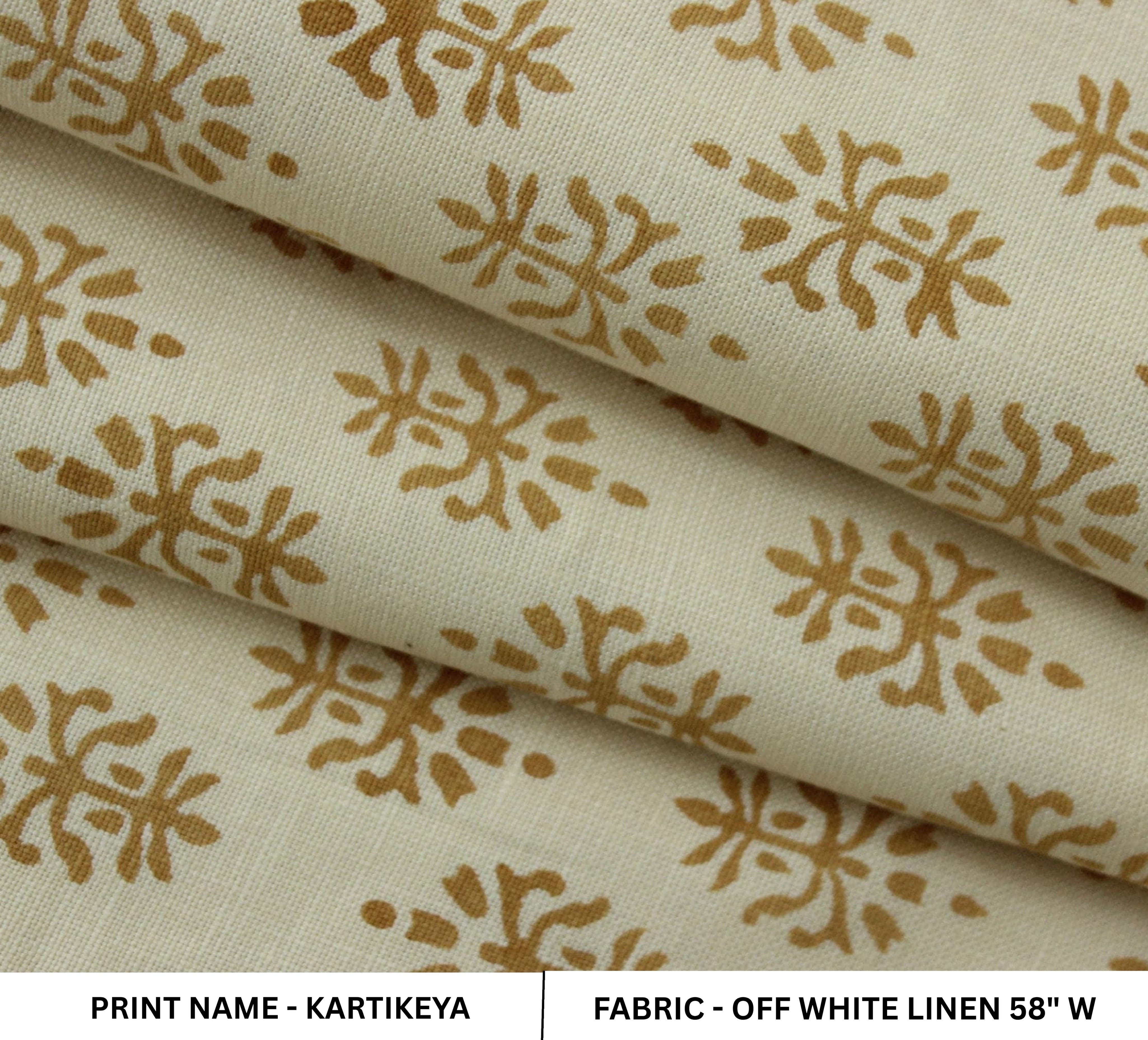 Handmade Off-White Linen Fabric 58'' Wide in Sage Green & Bronze Metallic Floral Block Print for Cushion Covers - KARTIKEYA