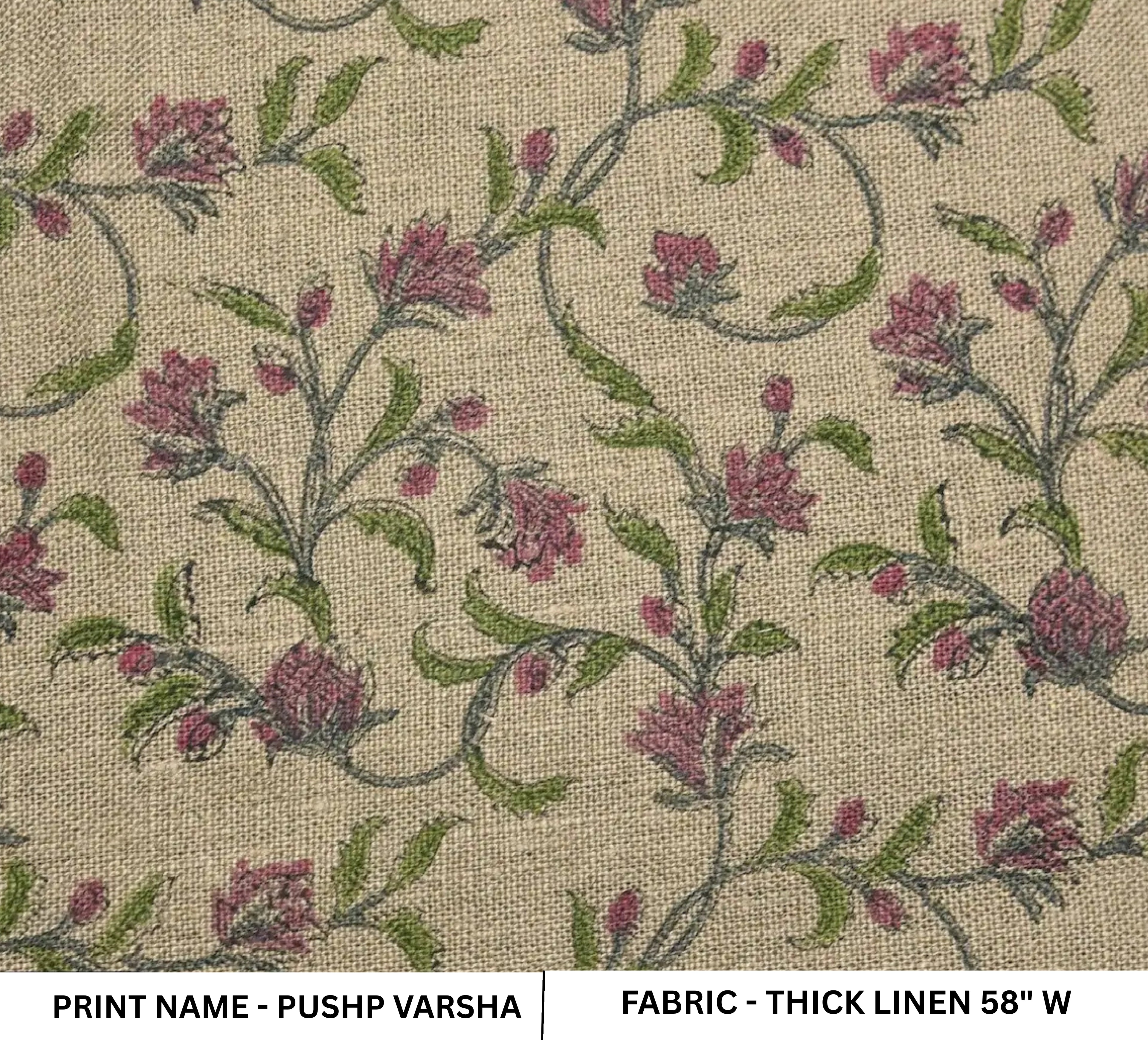 Pink & Green Floral Handmade Block Printed Thick Linen Soft Elegant Fabric for Shade - PUSHP VARSHA