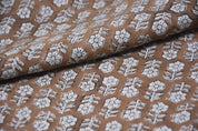 Hand Block Print Brown Floral Pure Linen Fabric - Tulsi Buti