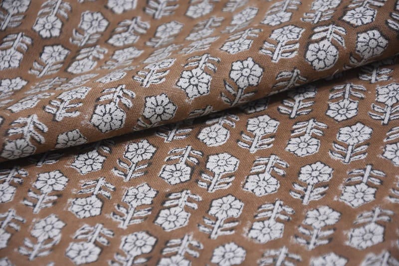 Hand Block Print Brown Floral Pure Linen Fabric - Tulsi Buti