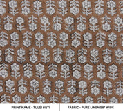 Hand Block Print Brown Floral Pure Linen Fabric - Tulsi Buti