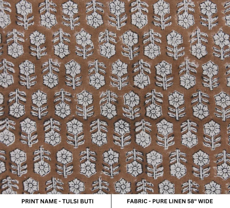 Hand Block Print Brown Floral Pure Linen Fabric - Tulsi Buti