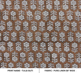 Hand Block Print Brown Floral Pure Linen Fabric - Tulsi Buti