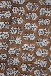 Hand Block Print Brown Floral Pure Linen Fabric - Tulsi Buti