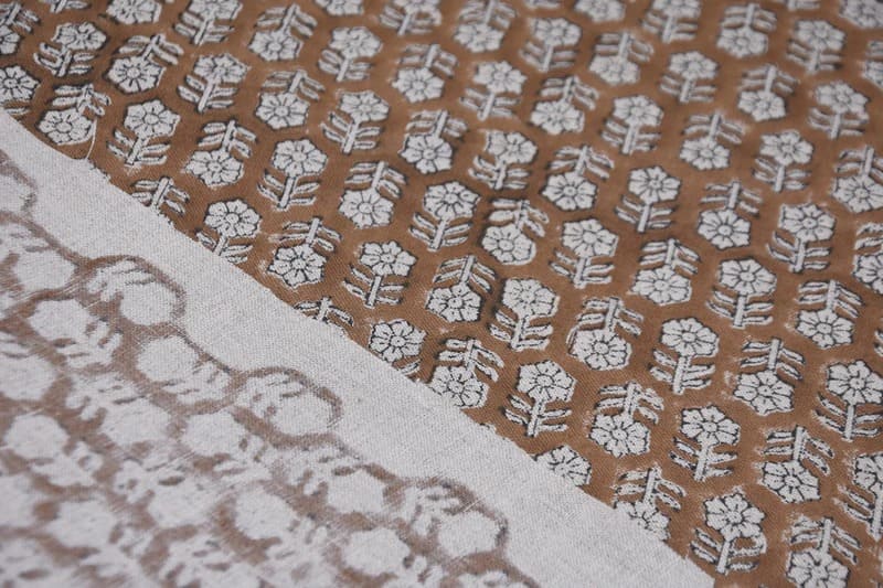 Hand Block Print Brown Floral Pure Linen Fabric - Tulsi Buti