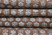 Hand Block Print Brown Floral Pure Linen Fabric - Tulsi Buti