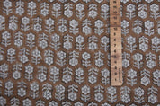 Hand Block Print Brown Floral Pure Linen Fabric - Tulsi Buti