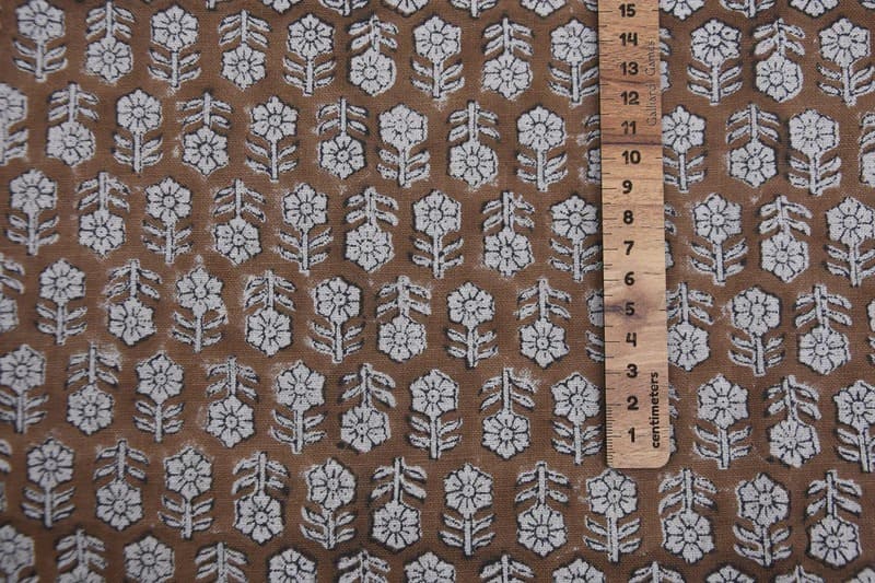 Hand Block Print Brown Floral Pure Linen Fabric - Tulsi Buti