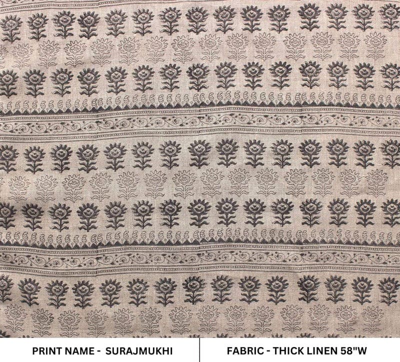Eco Friendly Hand Block Print Brown Thick Linen Fabric - Surajmukhi