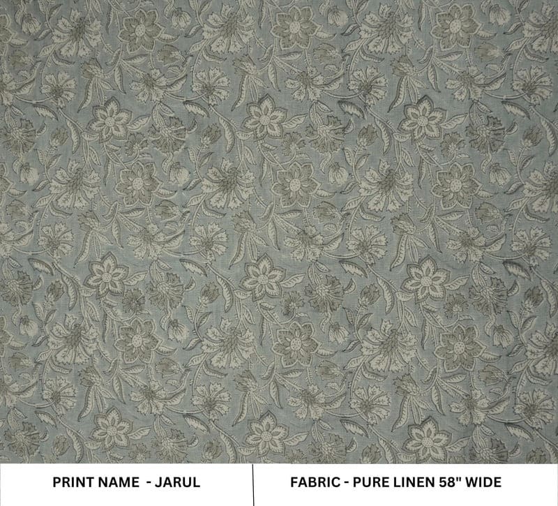 Aristan Hand Block Print Gray Floral Pure Linen Fabric  – Jarul