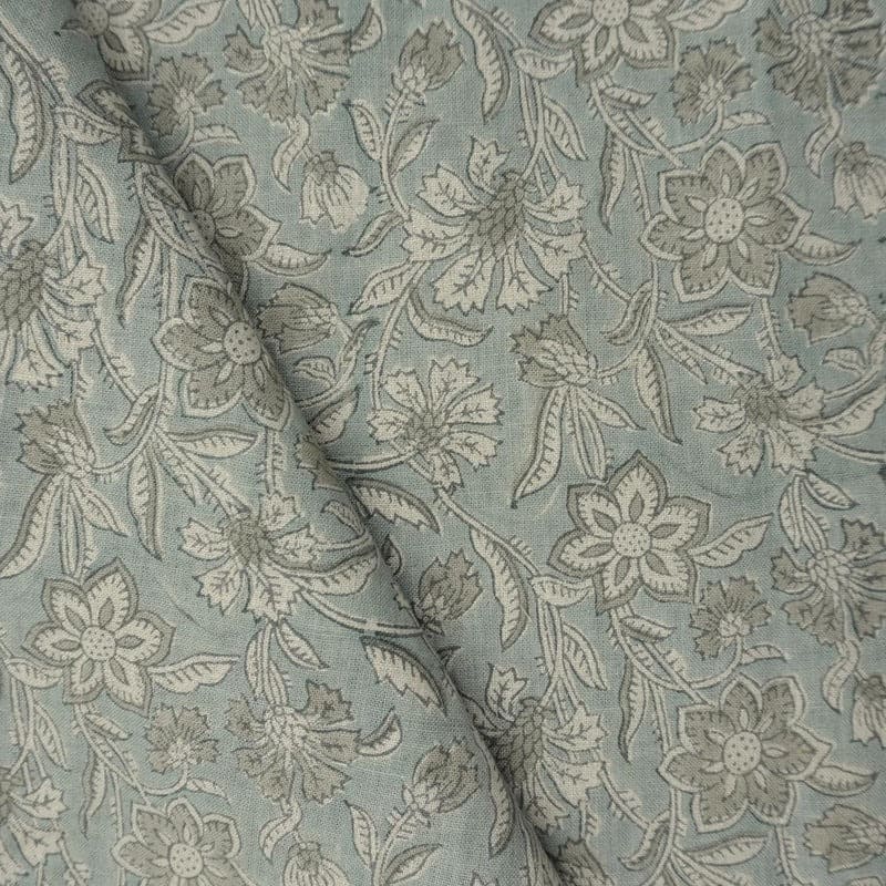 Aristan Hand Block Print Gray Floral Pure Linen Fabric  – Jarul