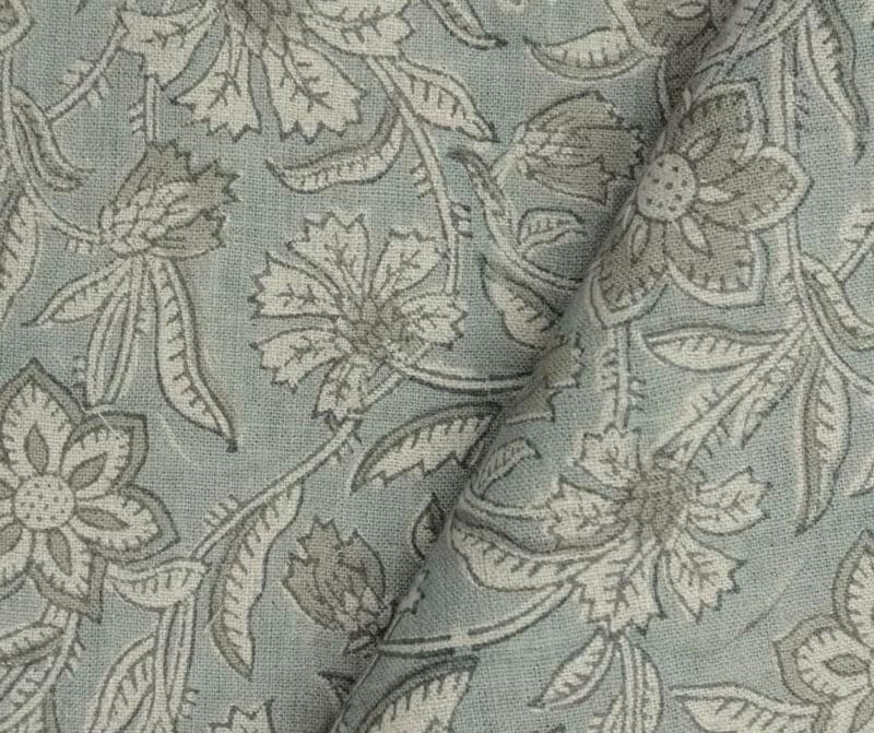 Aristan Hand Block Print Gray Floral Pure Linen Fabric  – Jarul
