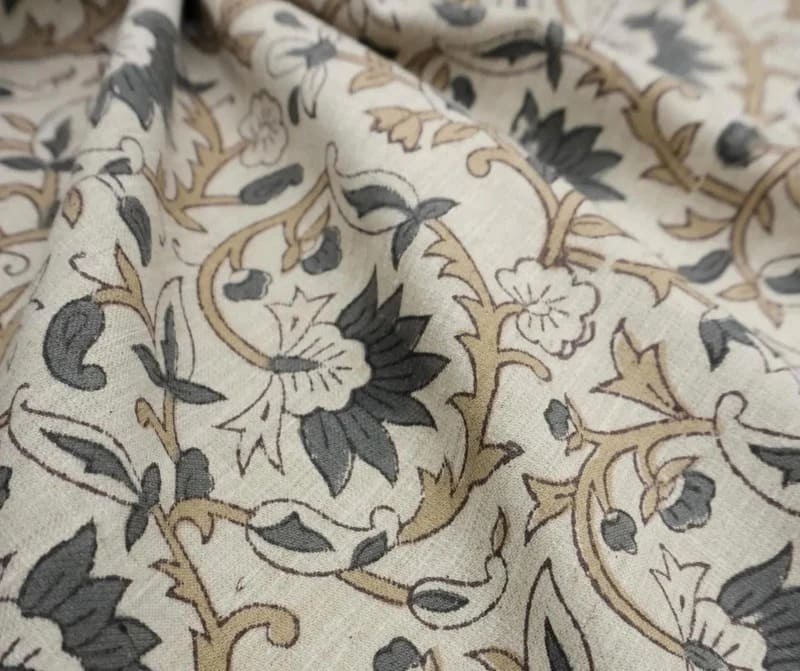 Aristan Hand Block Print Gray Linen Blend Natural Fabric - Madhav