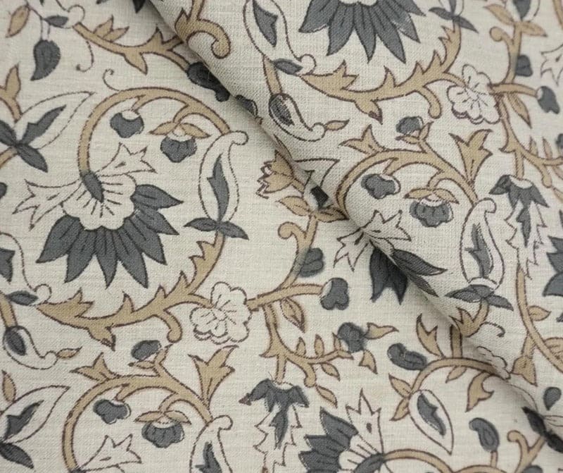 Aristan Hand Block Print Gray Linen Blend Natural Fabric - Madhav