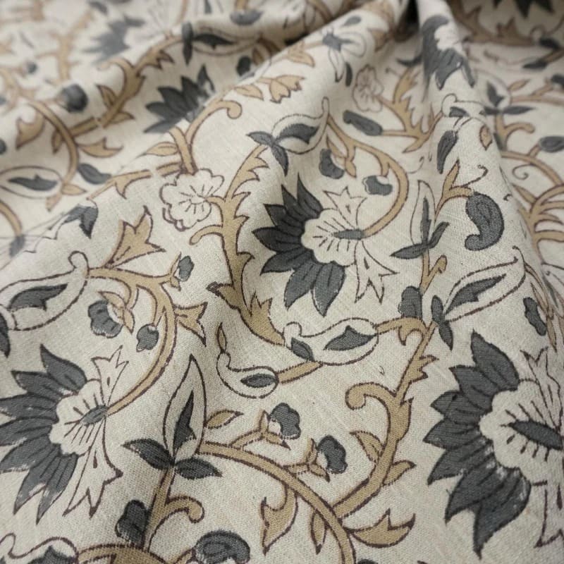 Aristan Hand Block Print Gray Linen Blend Natural Fabric - Madhav