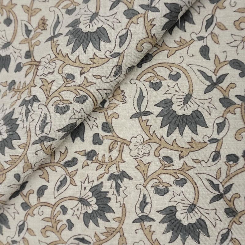 Aristan Hand Block Print Gray Linen Blend Natural Fabric - Madhav
