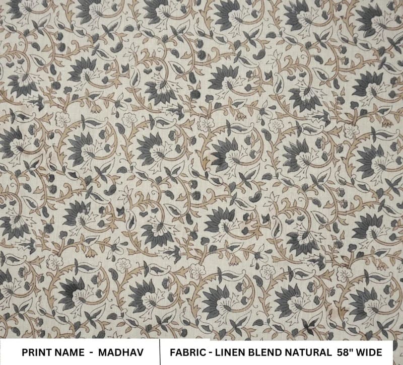 Aristan Hand Block Print Gray Linen Blend Natural Fabric - Madhav