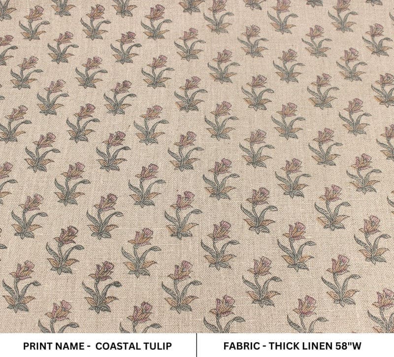 Aristan Hand Block Print GreenThick Linen  Fabric -Coastal Tulip