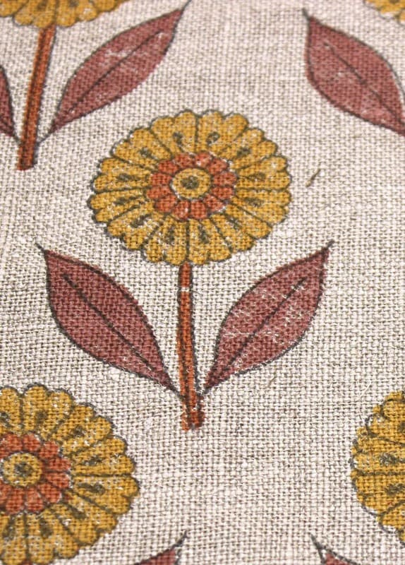 Aristan Hand Block Print Mustard Floral Thick Linen Fabric - Genda Pushp