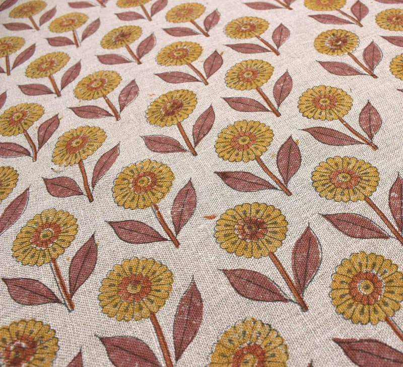 Aristan Hand Block Print Mustard Floral Thick Linen Fabric - Genda Pushp