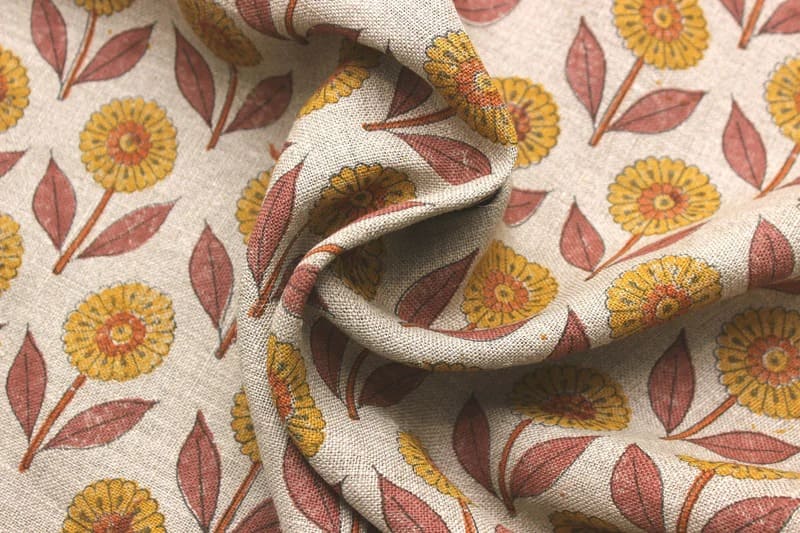 Aristan Hand Block Print Mustard Floral Thick Linen Fabric - Genda Pushp