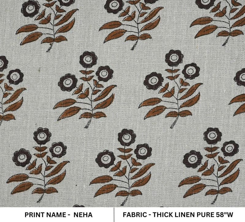Aristnal Hand Block Print Brown Thick Linen Pure Fabric - Neha