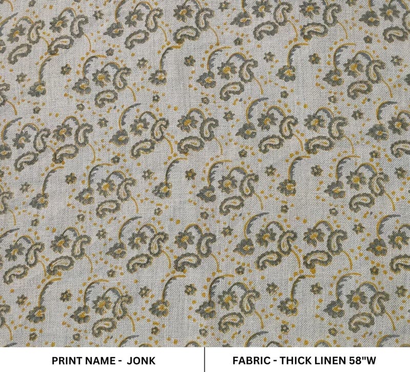 Handmade Block Print Beige Thick Linen 58W Fabric - Jonk