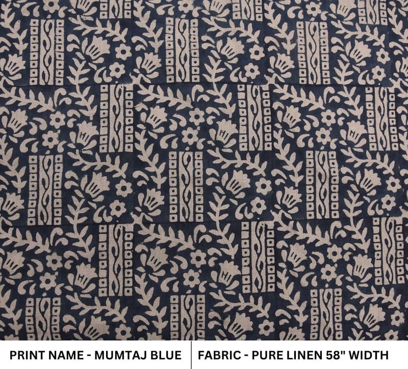 Aristan Handmade Block Print Blue Pure Linen Fabric -Mumtaj