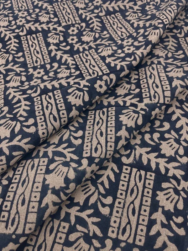 Aristan Handmade Block Print Blue Pure Linen Fabric -Mumtaj