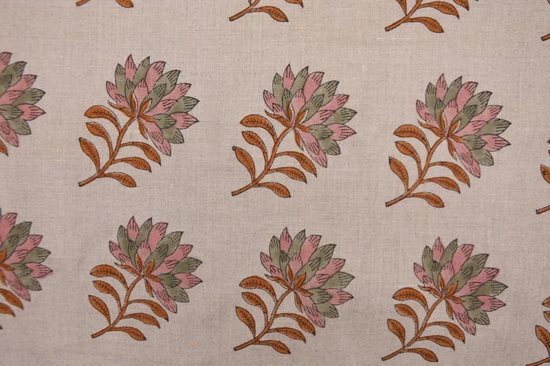 Aristan Handmade Block Print Pink Floral Pure Linen Fabric - Summer Flower