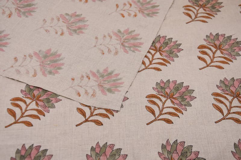 Aristan Handmade Block Print Pink Floral Pure Linen Fabric - Summer Flower