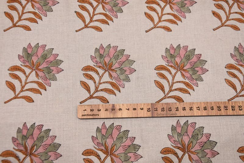 Aristan Handmade Block Print Pink Floral Pure Linen Fabric - Summer Flower